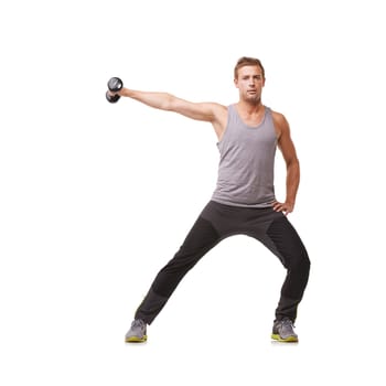 Portrait, bodybuilder or man with dumbbells training, exercise or fitness for wellness in studio. White background, mockup or healthy athlete in lateral raises workout for strong shoulders or muscle