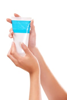 Woman, hands and lotion for skincare, cosmetics or beauty products in salon or spa treatment. Closeup of female person with jar or container of cream, SPF or anti aging for soft skin or moisturizer