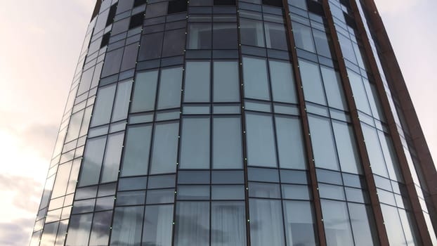 Top view of glass modern building with reflection. Stock footage. Beautiful reflection in glass facade of modern building. Glass height with landscape reflection