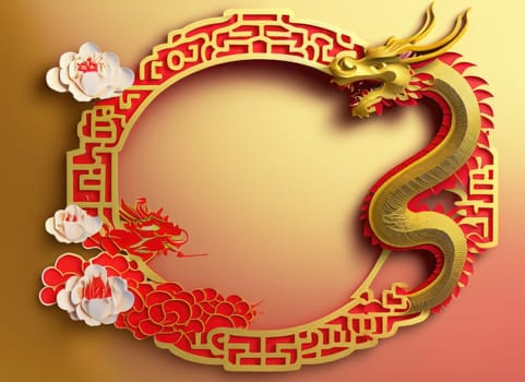  Happy chinese new year the dragon zodiac sign with flower,lantern,asian elements gold paper. AI Generated.