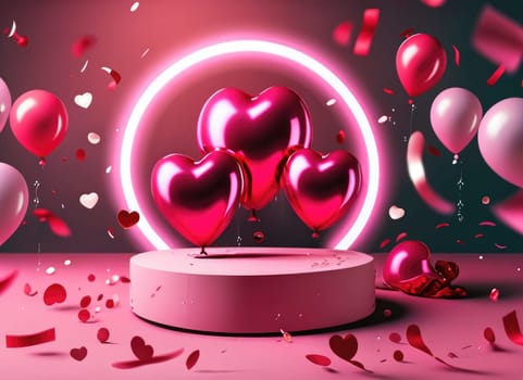 Happy Valentine Day background. Realistic 3d stage podium, round studio, festive decorative objects, heart shaped balloons. Ai generated.