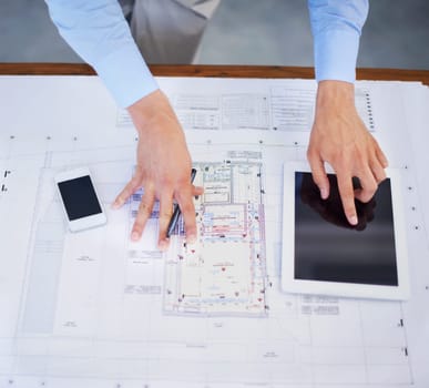Architecture blueprint, hands and tablet or screen for planning, design strategy and development. Professional person, contractor and engineering on digital technology with floor plan solution above.