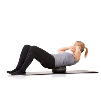Pilates, sit up and woman exercise on ball, workout or training healthy body isolated on a white studio background mockup space. Core muscle, mat and person on equipment for fitness or strong abdomen