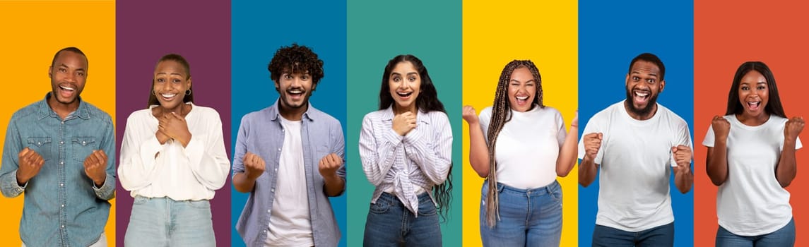 Excited happy multicultural young men and women clenching fists and exclaiming, set of photos of lucky emotional people celebrating success on colorful backgrounds, banner. Human gestures concept