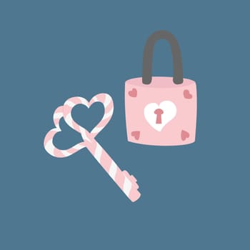 Pink key and lock with hearts on blue background.