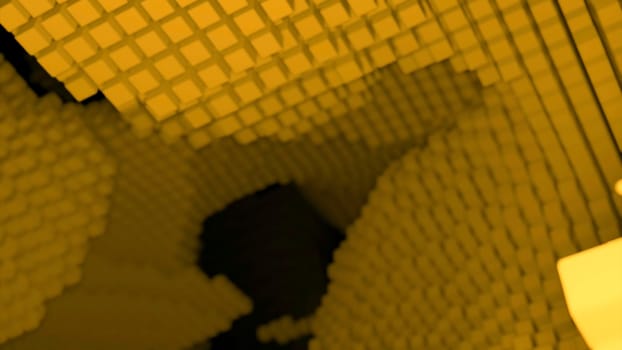 Yellow and white hole in the mountain. Design.Dark empty tunnel under yellow and white squares in abstraction.