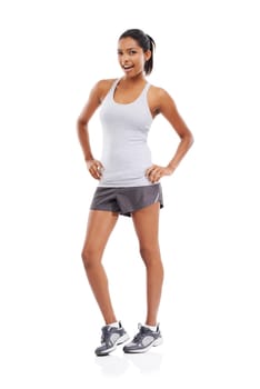 Woman, portrait and fitness with a smile and confidence in a studio for exercise and training. Wellness, happy and female person with workout and sport of athlete with white background and sportswear.