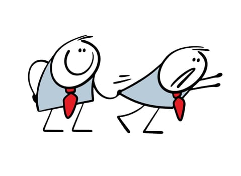 Funny cunning boss does not let a subordinate succeed. Vector illustration of a colleague holding an office worker by the edge of his jacket. Isolated cartoon caricature on white background.
