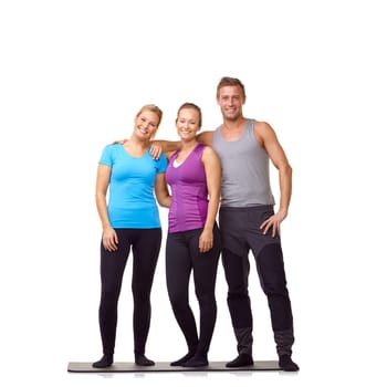 Woman, man and personal trainer portrait in studio for exercise workout, sport health or white background. Female people, fitness person and face on yoga mat or mockup space. wellbeing or challenge.