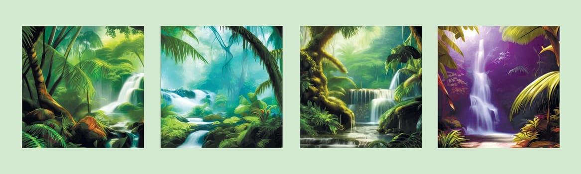 Jungle waterfall vector illustration. Fantasy mystical fauna. Tropical forest