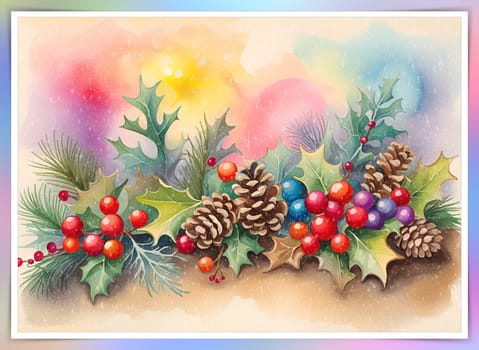 Christmas greeting card with holly berries and pine cones. Vintage Christmas background with holly berry and pine cones.Vector illustration.Watercolor Christmas background.Christmas greeting card with fir branches, pine cones, holly berries and red balls.