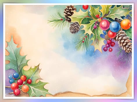 Christmas greeting card with holly berries and pine cones.
