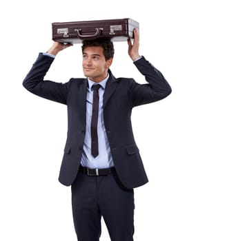 Business, man and briefcase to cover head for protection in white background or studio for insurance. Professional, entrepreneur and travel with luggage, case and holding bag in mock up space