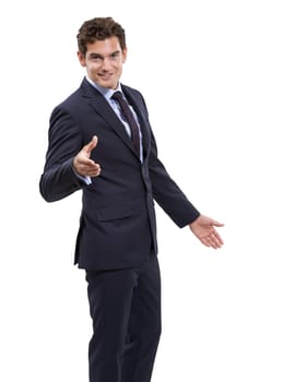 Corporate, portrait and happy man with handshake gesture for studio deal, b2b services or acquisition agreement. Job promotion, employee welcome and HR shaking hands for hiring on white background