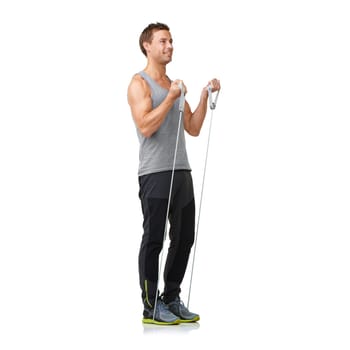 Stretching, man and resistance band for exercise in studio, gym and performance in strong muscles. Sports person, smile or fitness in commitment by equipment, mockup or cardio by white background