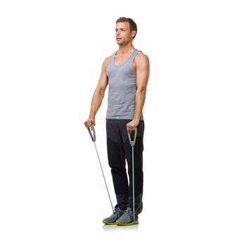 Fitness, man and resistance band for strong in studio, gym and biceps training or workout muscles. Sports person, exercise and commitment with stretching in mockup and cardio on white background
