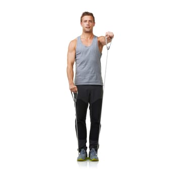 Portrait, man and resistance band to workout in studio, gym and training for strong muscles or biceps. Sports person, face and exercise in commitment with mockup and cardio on white background