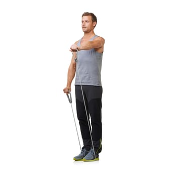 Training, man and resistance band for health in studio, gym and biceps workout for strong muscles. Sport, person and exercise for commitment with equipment, mockup and athlete by white background