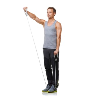 Fitness, person and resistance band to workout in studio, gym and bicep training for strong muscles. Sport, man and exercise for commitment in gym equipment and mockup for cardio by white background