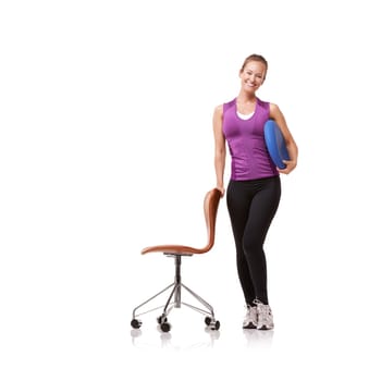 Portrait, chair and woman exercise for posture with pillow in white background or studio. Fitness, person and smile with cushion for seat and ready to workout with pilates for health and wellness