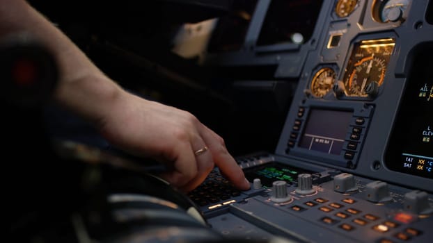 Panel of switches on an aircraft flight deck. Autopilot control element of an airliner. Pilot controls the aircraft. Onboard computer, cockpit