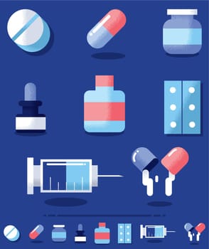 Flat design illustration of medical drugs in 2 color versions. 