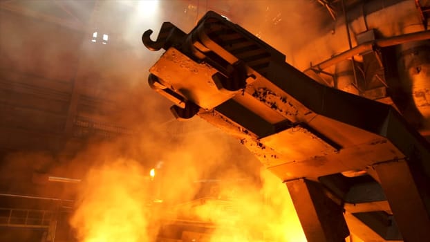 Metallurgical production, equipment at the hot workshop at the plant, heavy industry, engineering. Stock footage. View inside of the steelmaking factory.
