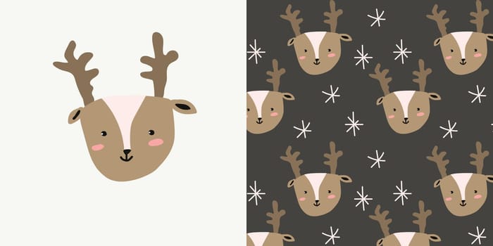 simple portrait of cute deer and seamless pattern