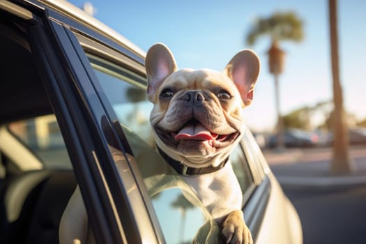 Cute dog sits in the back of the car ready for a holiday trip.by Generative AI