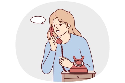 Young woman speak on old corded phone at home. Female have conversation on landline telephone. Communication and call. Vector illustration.