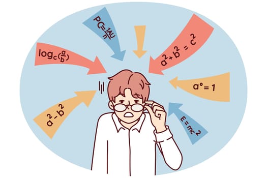 Dumbfounded guy touches glasses after seeing math formulas given in school or college. Vector image