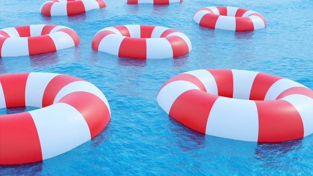 Close up of abstract floating rescue buoys on the water surface. Design. A floating lifebuoy in the sea.