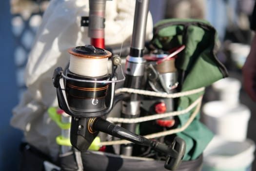 fishing rod with reel close up.