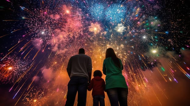 Happy people looking up to the sky with firework in new year 2024 comeliness