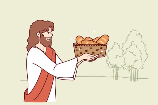 Jesus carries bread in basket, fulfilling biblical prediction from christian religion