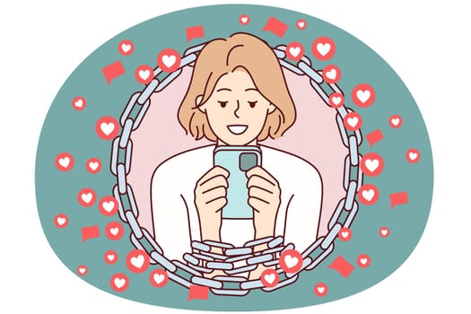 Woman with chained hands using phone symbolizing addiction to internet and gadgets. Vector image