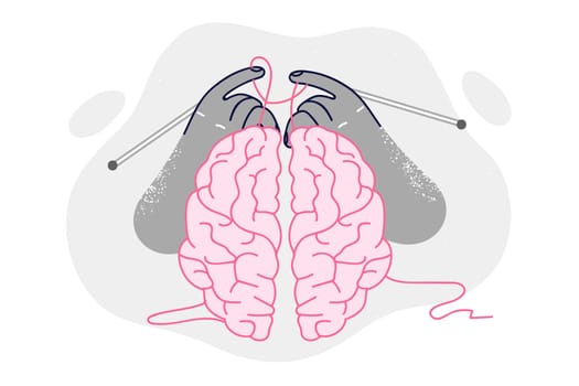 Human brain with knitting needles in hands as metaphor for caring for development intelligence