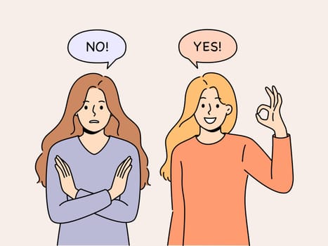 Women with opposing opinions demonstrate yes and no gestures, answering question or suggestion
