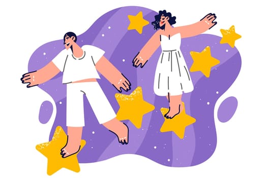 Happy couple walks on stars in space, concept fantasies and dreams about traveling through galaxy