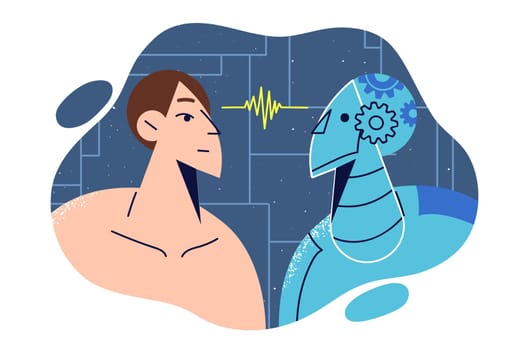 Telepathic communication between robot and AI and woman silently exchanging data at distance