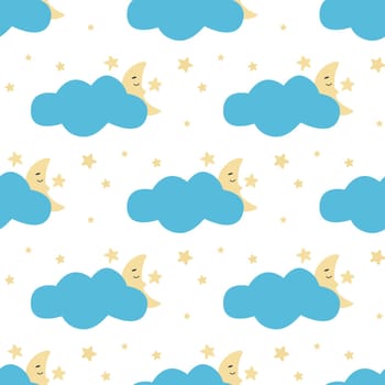 Moon sleeps in clouds and stars seamless pattern