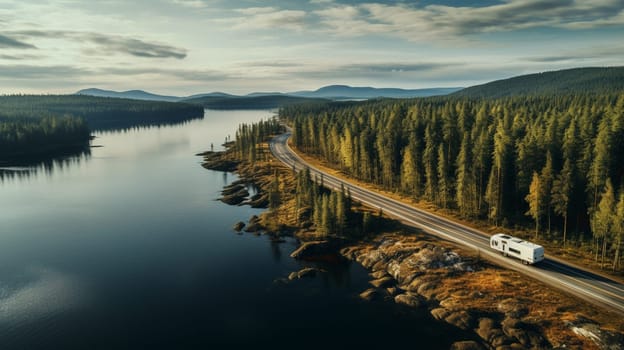 Aerial view of unlimited space of forest plain and car which are riding on highway. Asphalt road between green fir and pine trees with snow under cloudy sky. High quality photo
