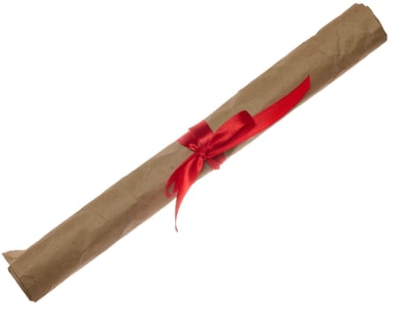 A roll of brown craft paper tied with a red ribbon