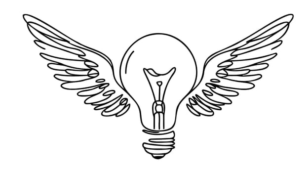 Continuous One line drawing of light bulb with wings. Creative power concept