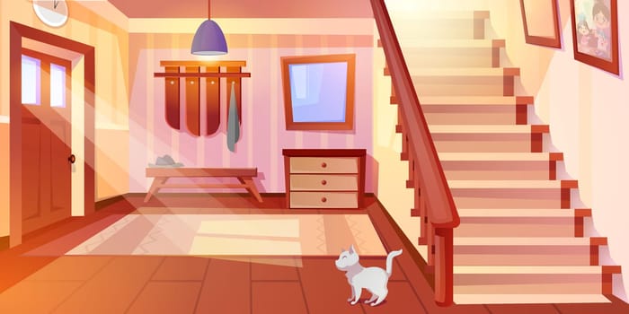 Cartoon house hallway entrance interior with wooden stairs and furniture