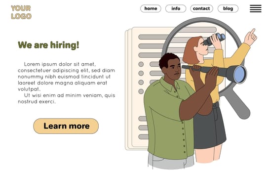Flat hr managers with binoculars announce hiring staff