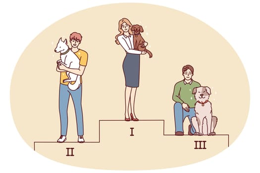 People with dogs stand on pedestal