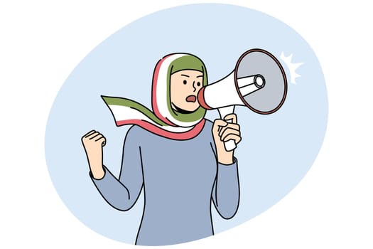 Woman in hijab with Iranian flag scream in megaphone