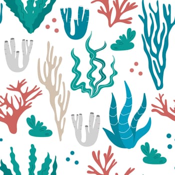 Vector Seamless Pattern with Multicolor Seaweed Shapes at the Bottom of the Sea. Bright Print for fabric, wrapping, textile, wallpaper, apparel. Underwater life