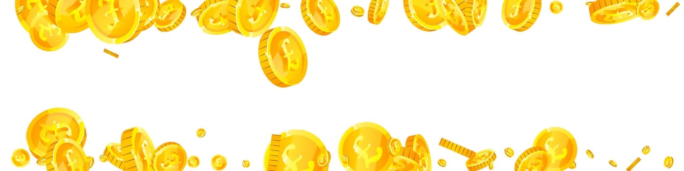 British pound coins falling. Scattered gold GBP coins. United Kingdom money. Great business success concept. Panoramic vector illustration.